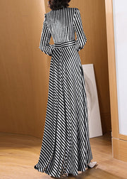 Stylish Black White Striped Silk Velvet Long Dress Fall