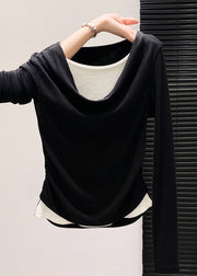 Stylish Black Wrinkled Cotton Fake Two Piece Tops Fall