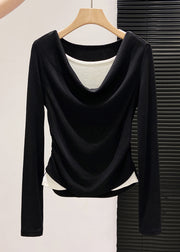 Stylish Black Wrinkled Cotton Fake Two Piece Tops Fall