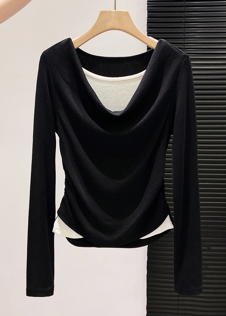 Stylish Black Wrinkled Cotton Fake Two Piece Tops Fall