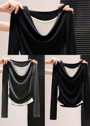 Stylish Black Wrinkled Cotton Fake Two Piece Tops Fall