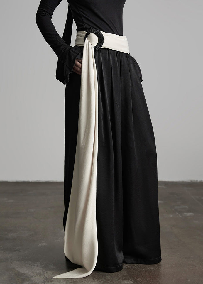 Stylish Black Wrinkled Elastic Waist Silk Pants Fall
