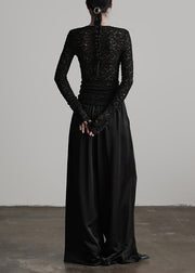 Stylish Black Wrinkled Elastic Waist Silk Pants Fall