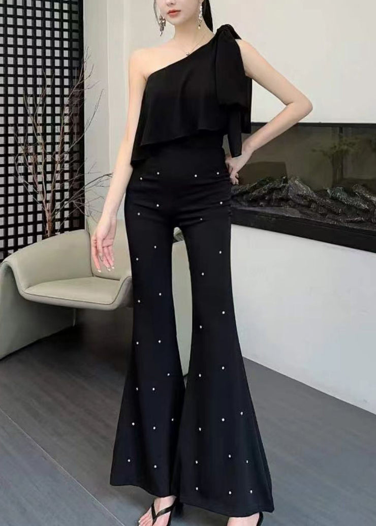 Stylish Black Zircon High Waist Flared Trousers Fall