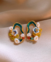 Stylish Blackish Green Copper Overgild Pearl Floral Stud Earrings