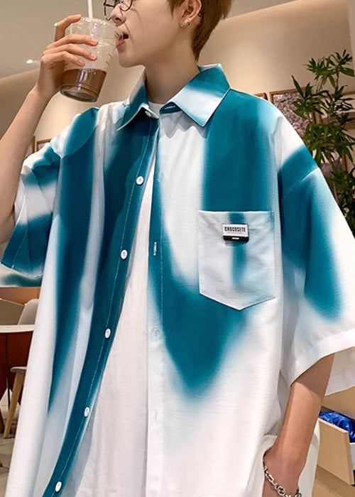 Stylish Blackish Green Tie Dye Pockets Cotton Men Shirts Half Sleeve
