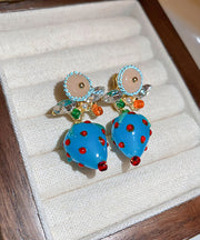 Stylish Blue Alloy Zircon Coloured Glaze Strawberry Drop Earrings