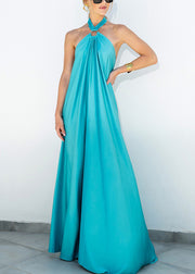 Stylish Blue Backless Lace Up Cotton Maxi Dresses Sleeveless