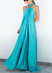Stylish Blue Backless Lace Up Cotton Maxi Dresses Sleeveless