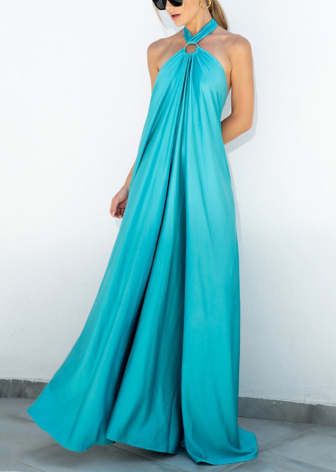 Stylish Blue Backless Lace Up Cotton Maxi Dresses Sleeveless