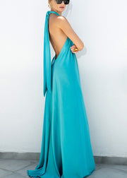 Stylish Blue Backless Lace Up Cotton Maxi Dresses Sleeveless