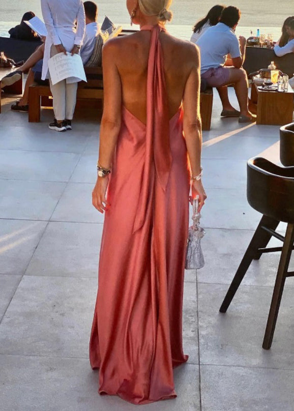 Stylish Blue Backless Lace Up Cotton Maxi Dresses Sleeveless