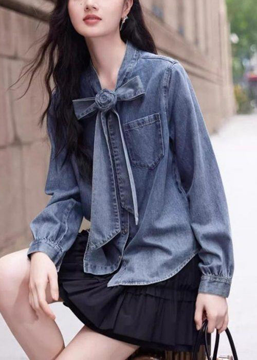 Stylish Blue Bow Button Pockets Denim Shirt Spring