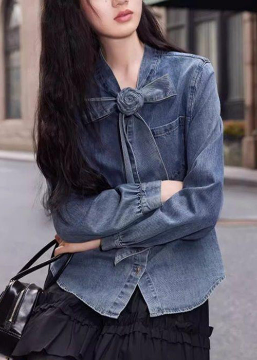Stylish Blue Bow Button Pockets Denim Shirt Spring