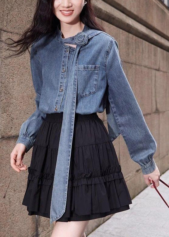 Stylish Blue Bow Button Pockets Denim Shirt Spring