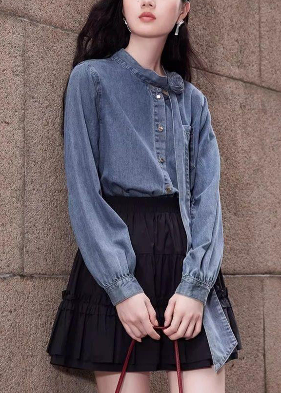 Stylish Blue Bow Button Pockets Denim Shirt Spring