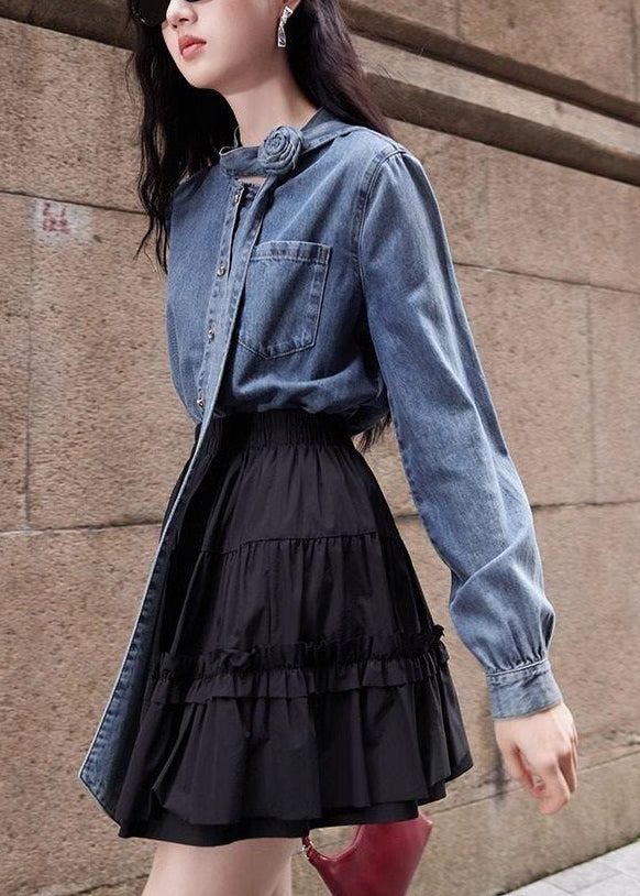 Stylish Blue Bow Button Pockets Denim Shirt Spring