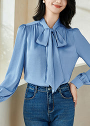Stylish Blue Bow Patchwork Solid Shirt Fall