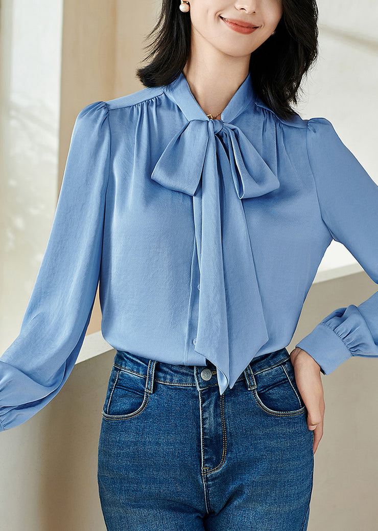 Stylish Blue Bow Patchwork Solid Shirt Fall