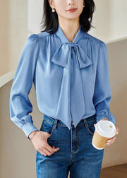 Stylish Blue Bow Patchwork Solid Shirt Fall