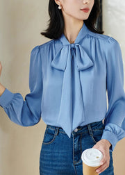 Stylish Blue Bow Patchwork Solid Shirt Fall