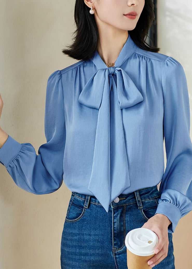 Stylish Blue Bow Patchwork Solid Shirt Fall