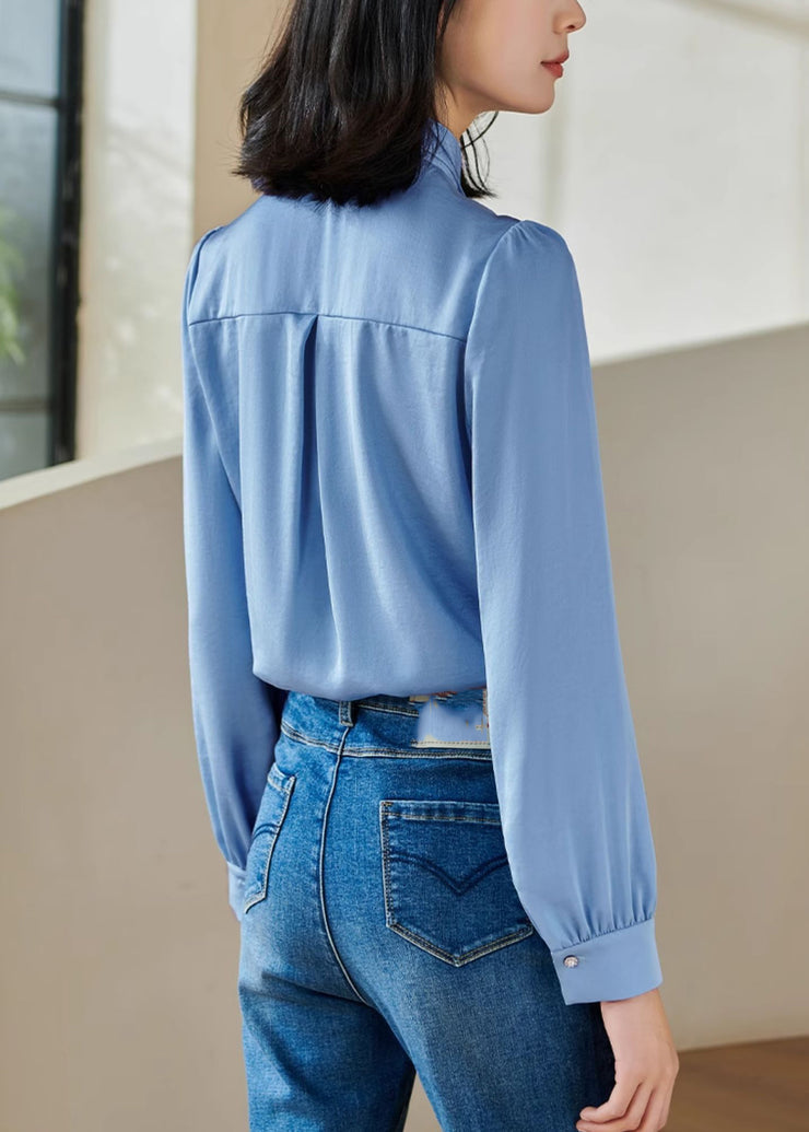 Stylish Blue Bow Patchwork Solid Shirt Fall