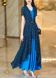 Stylish Blue Dot Print Asymmetrical Patchwork Chiffon Dresses Summer
