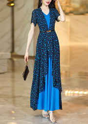 Stylish Blue Dot Print Asymmetrical Patchwork Chiffon Dresses Summer