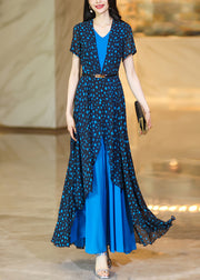 Stylish Blue Dot Print Asymmetrical Patchwork Chiffon Dresses Summer