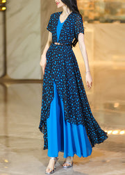 Stylish Blue Dot Print Asymmetrical Patchwork Chiffon Dresses Summer