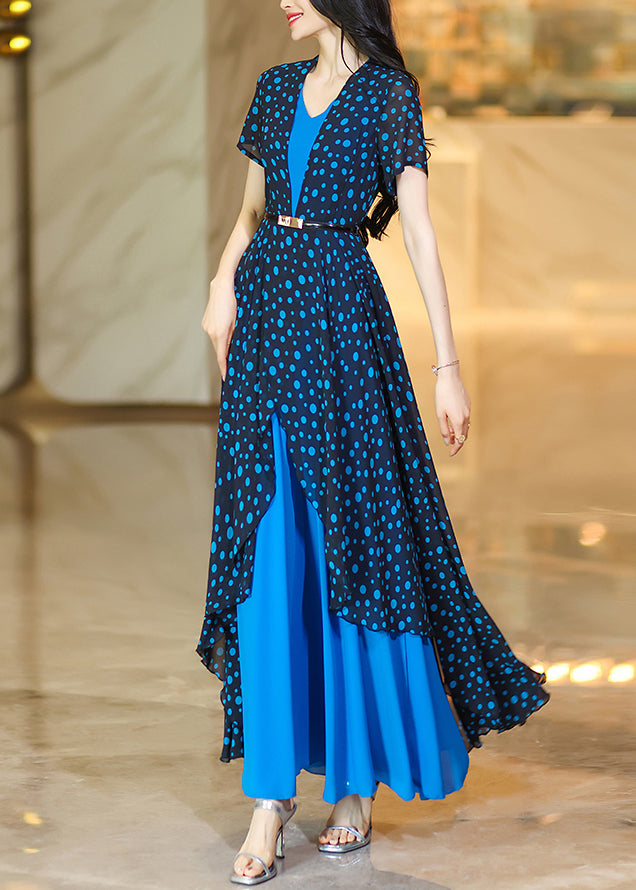 Stylish Blue Dot Print Asymmetrical Patchwork Chiffon Dresses Summer