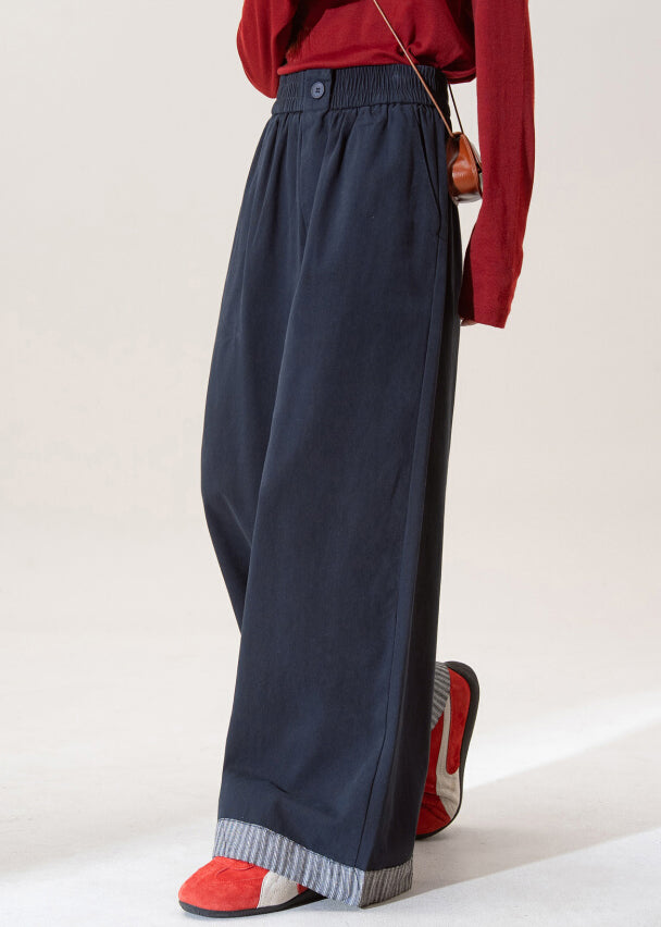 Stylish Blue Elastic Waist Patchwork Denim Wide Leg Pants Fall