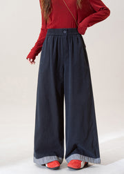 Stylish Blue Elastic Waist Patchwork Denim Wide Leg Pants Fall