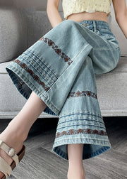 Stylish Blue Embroidered Denim Straight Pants Fall