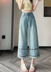 Stylish Blue Embroidered Denim Straight Pants Fall