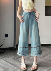 Stylish Blue Embroidered Denim Straight Pants Fall