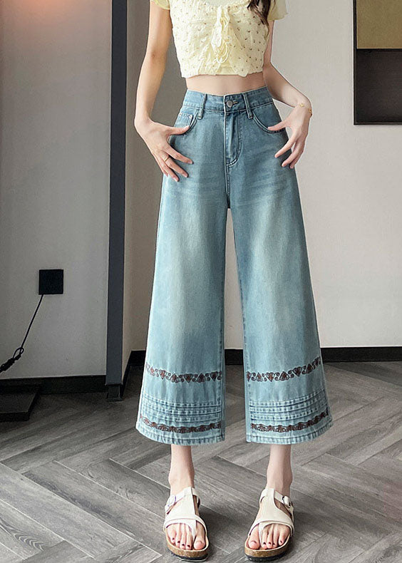 Stylish Blue Embroidered Denim Straight Pants Fall