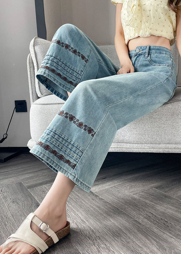 Stylish Blue Embroidered Denim Straight Pants Fall