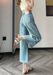 Stylish Blue Embroidered Denim Straight Pants Fall