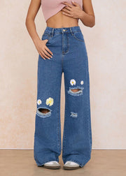 Stylish Blue Embroidered Floral Pockets Straight Ripped Jeans Fall