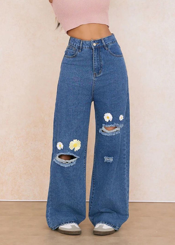 Stylish Blue Embroidered Floral Pockets Straight Ripped Jeans Fall