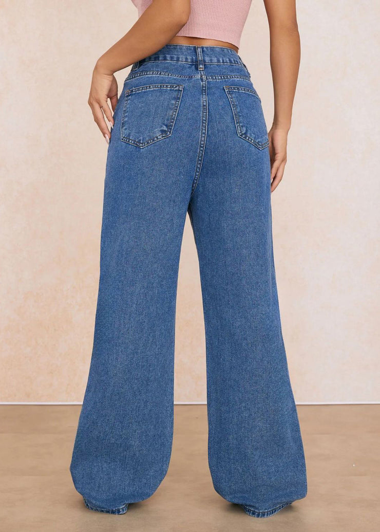 Stylish Blue Embroidered Floral Pockets Straight Ripped Jeans Fall