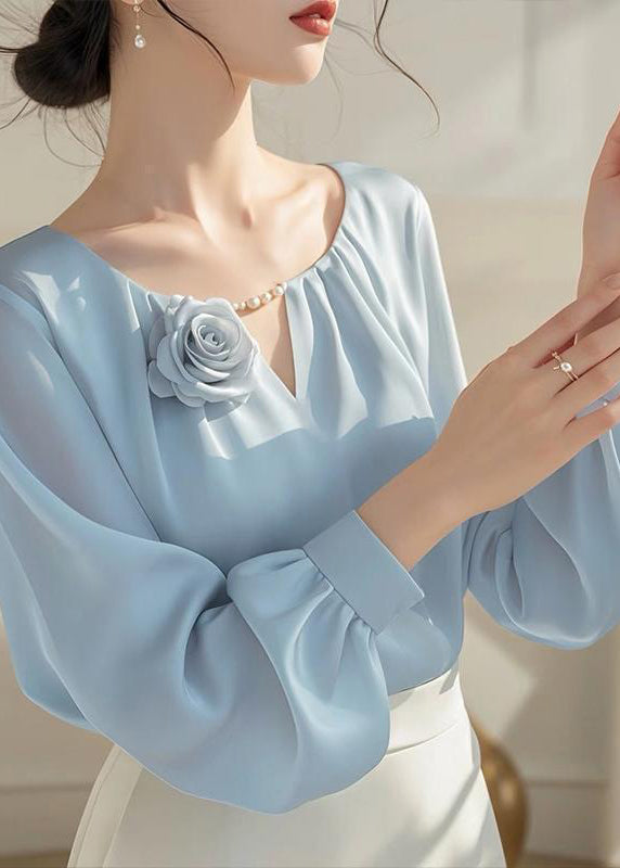Stylish Blue Floral Solid Chiffon Shirt Fall