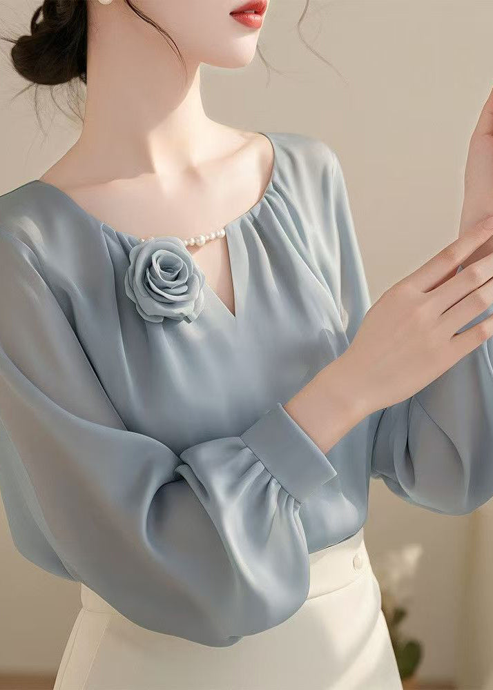 Stylish Blue Floral Solid Chiffon Shirt Fall