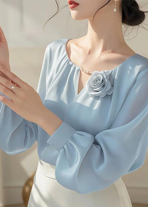 Stylish Blue Floral Solid Chiffon Shirt Fall