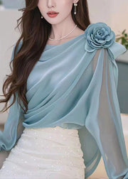Stylish Blue Floral Wrinkled Chiffon Shirt Fall