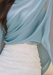 Stylish Blue Floral Wrinkled Chiffon Shirt Fall