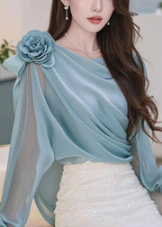Stylish Blue Floral Wrinkled Chiffon Shirt Fall