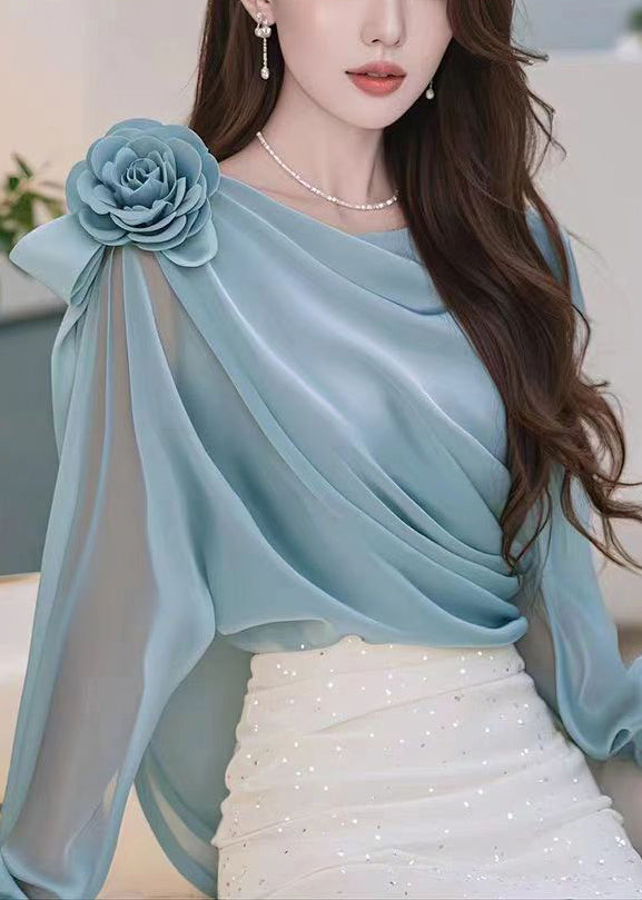 Stylish Blue Floral Wrinkled Chiffon Shirt Fall